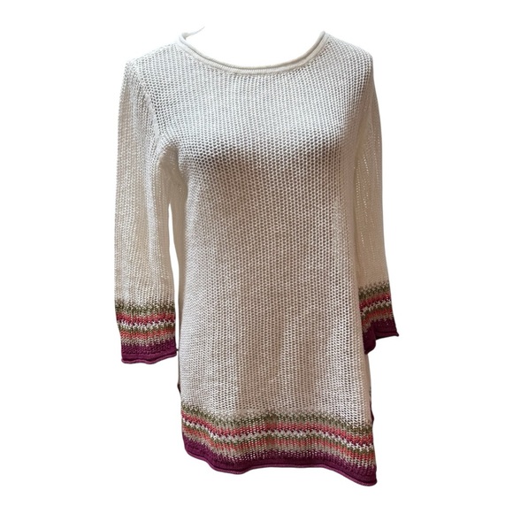 Tommy Bahama White Crochet 3/4 Length  Sleeve  Preppy Boho Sweater Size‎ M - Picture 1 of 6